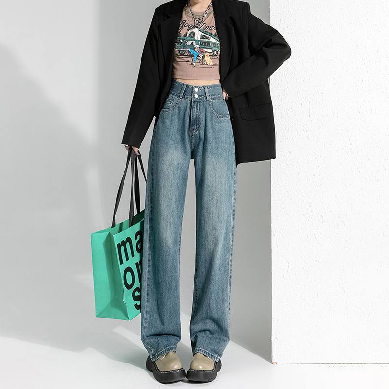 Suhao hitam dan abu-abu high-waisted wide-leg jeans wanita 2022 baru kaki lurus longgar tirai pelangsing semua pertandingan celana mengepel lantai