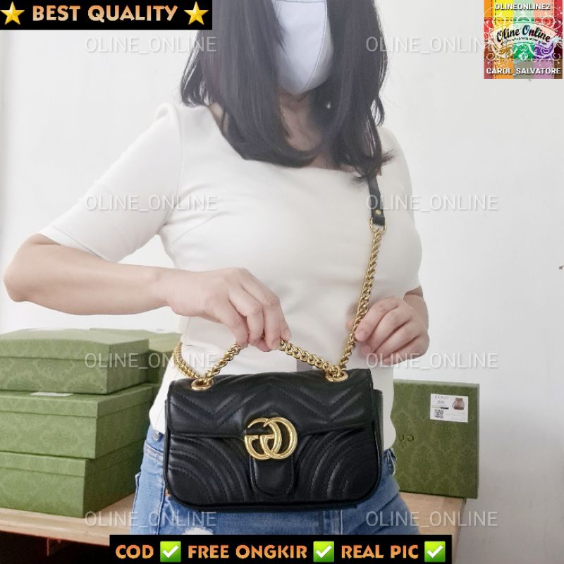 [oline_online] tas wanita selempang kekinian wave motif shoulder marmont 2way convertible small size party size bag gc love red black white gucci