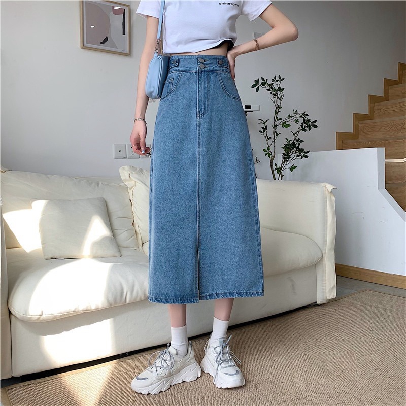 A-Line Rok Jeans Wanita Highwaist Rok Denim Korean Style