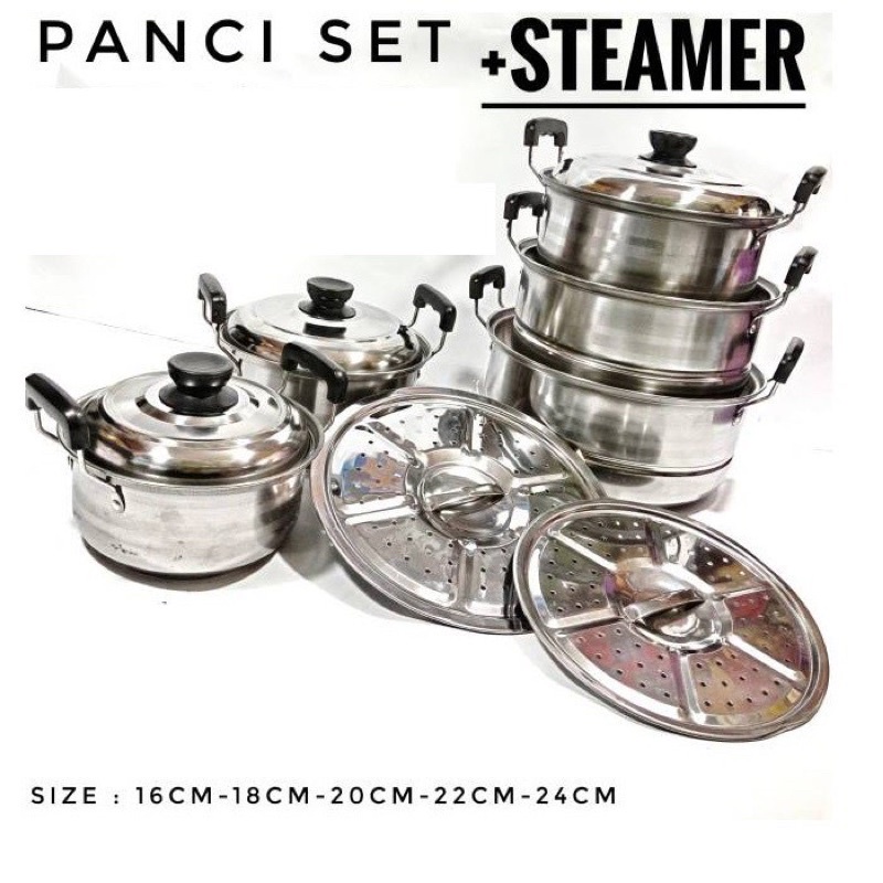 Panci Set 5in1 Plus Steamer Stainless - Panci 16-24CM Original - Panci Sop Soup Dengan Kukusan Tatakan Dandang