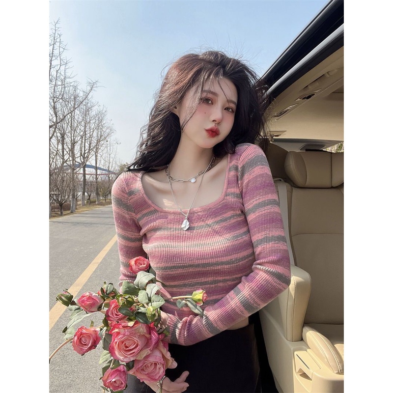 Hot girl gaya BM bergaris rajutan sweater wanita musim semi dan musim gugur ukuran besar gemuk mm slim fit bottoming kemeja dengan top in pasang