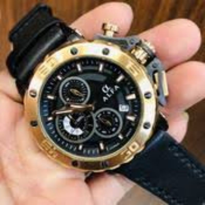 Alfa Cronograp 33019 Jam Tangan Kasual pria Murah Tali Kulit Anti Air Quartz Original