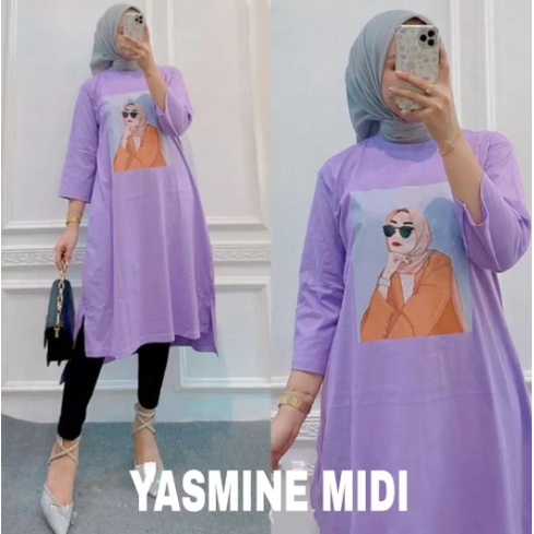 YASMINE MIDI DRESS BAHAN KAOS KATUN COMBED 24s APLIKASI SABLON UKURAN M L XL DAN XXL GAMIS WANITA TERBARU KEKINIAN ORIGINAL MEWAH MIDI DRESS MUSLIM KOREAN STYLE KAOS WANITA LENGAN PANJANG OVERSIZE MIDI LONG TUNIK PUTIH JUMBO VIRAL