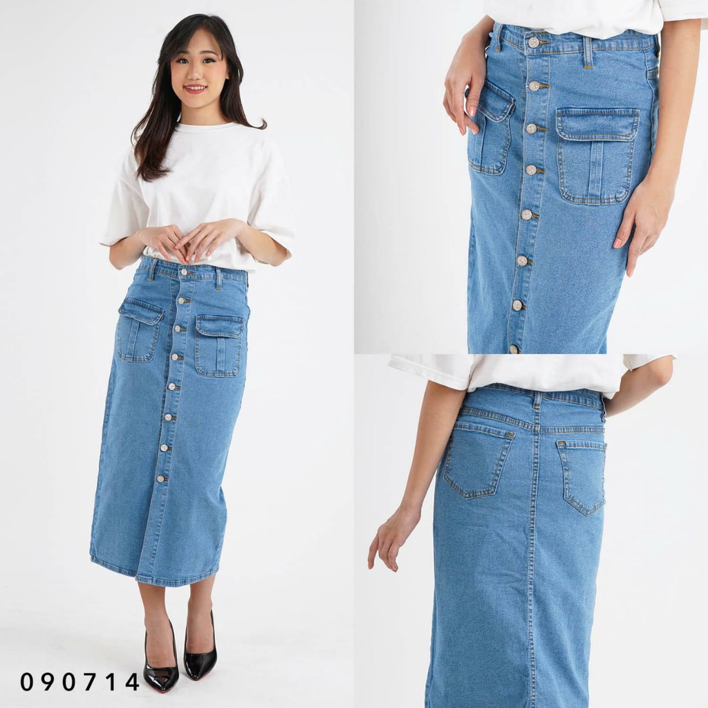 Skirt Jeans Wanita Cewek Rok Kancing 8 Stretch Bigsize Jumbo Kantong Depan