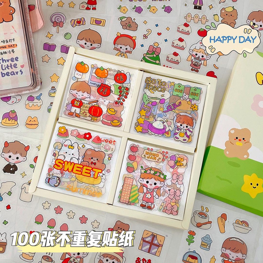 

[randomstuff] 1 Box Sticker 2d Tumblr Aesthetic Stiker Kecil Mini Sticker PVC Korean Style Cute Girl Bear Stiker Lucu Dekorasi Gelas Diary DIY Sticker Ins Berkualitas Stationary Kit