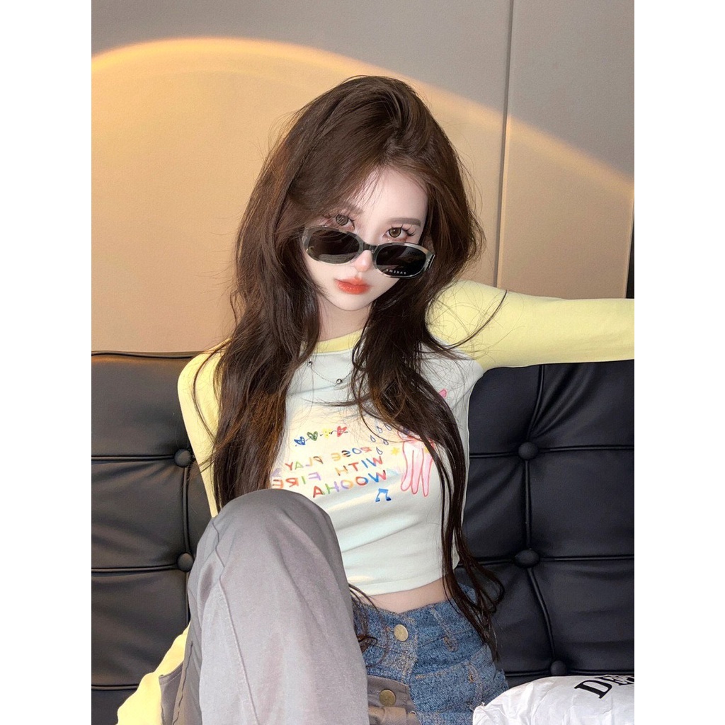 Red Warna kontras manis dan murni bernafsu musim gugur lengan panjang atasan wanita versi Korea dari kemeja bottoming t-shirt ramping dan tipis dengan ins
