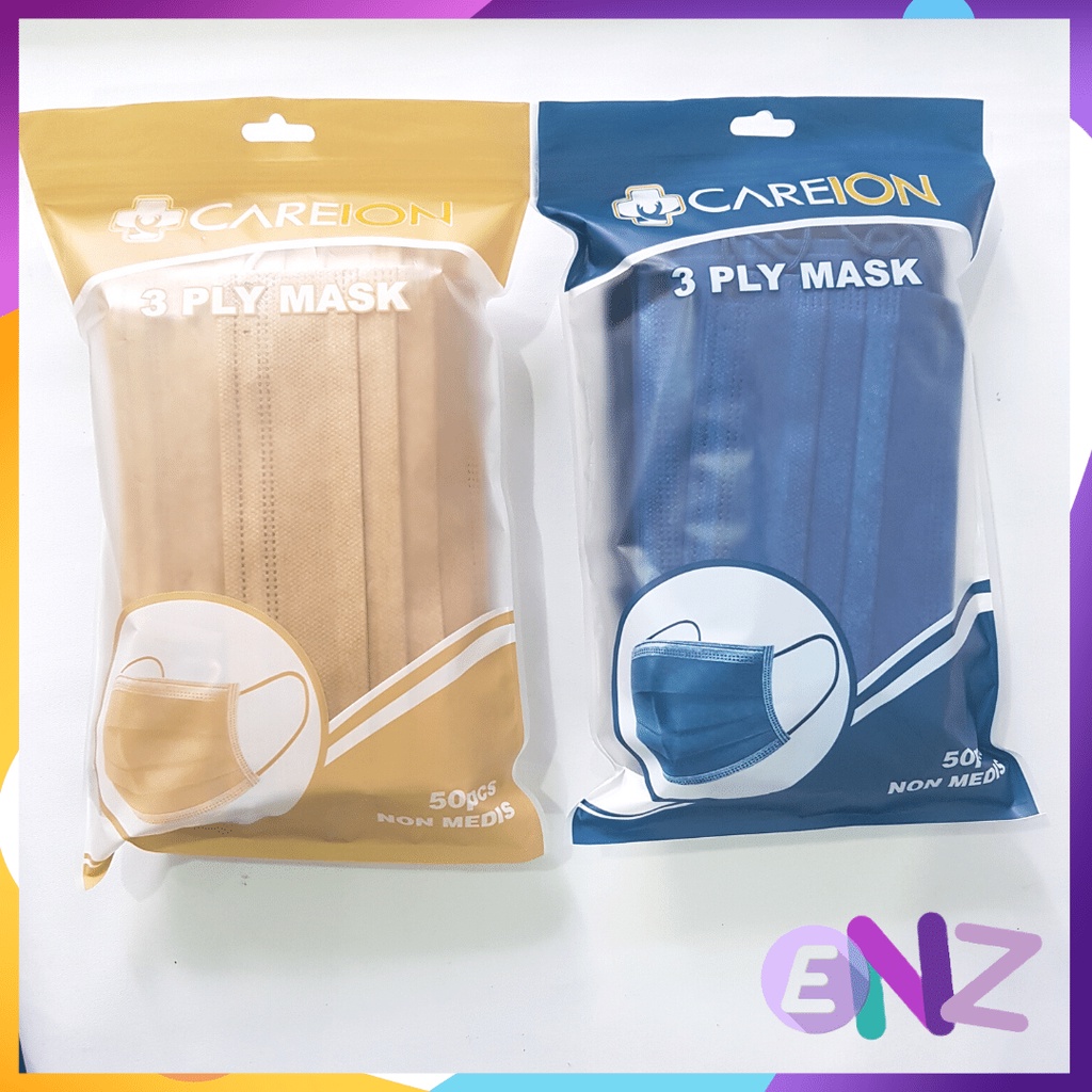 ENZ ® MASKER EARLOOP CAREION PREMIUM 3PLY 3 PLY HITAM PUTIH WARNA WARNI PASTEL ISI 50 PCS UKURAN DEWASA 1046