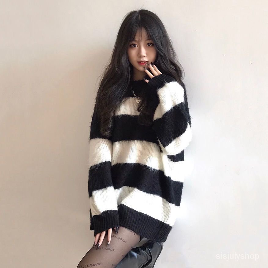 #Sisjuly# Striped jumper wanita baru longgar dan tipis bagian menengah panjang lengan panjang atasan