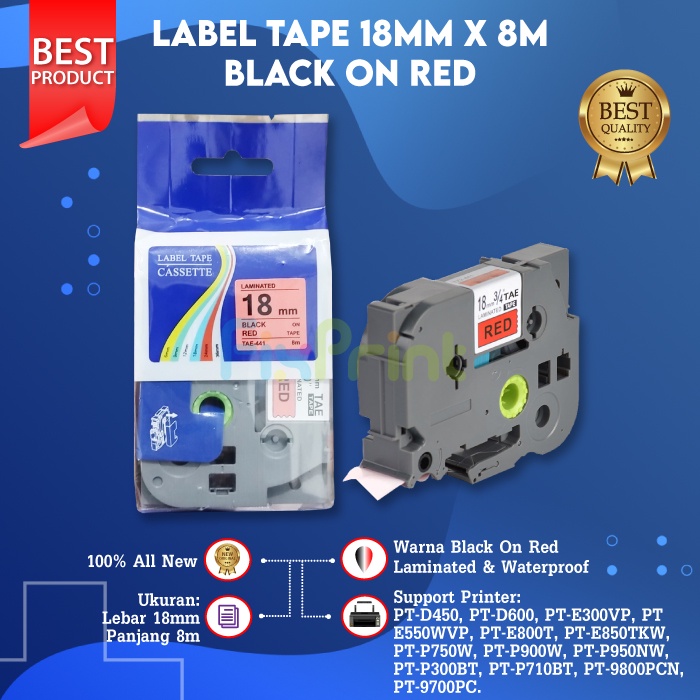 Compatible Label Tape Laminated TZE-441 18mm X 8m Black On Red Cassette Printer Bro PT-D450 PT-E300VP PT-E800T PT-E850TKW PT-P750W PT-P900W PT-P950NW PT-P300BT PT-P710BT PT-9800PCN PT-9700PC