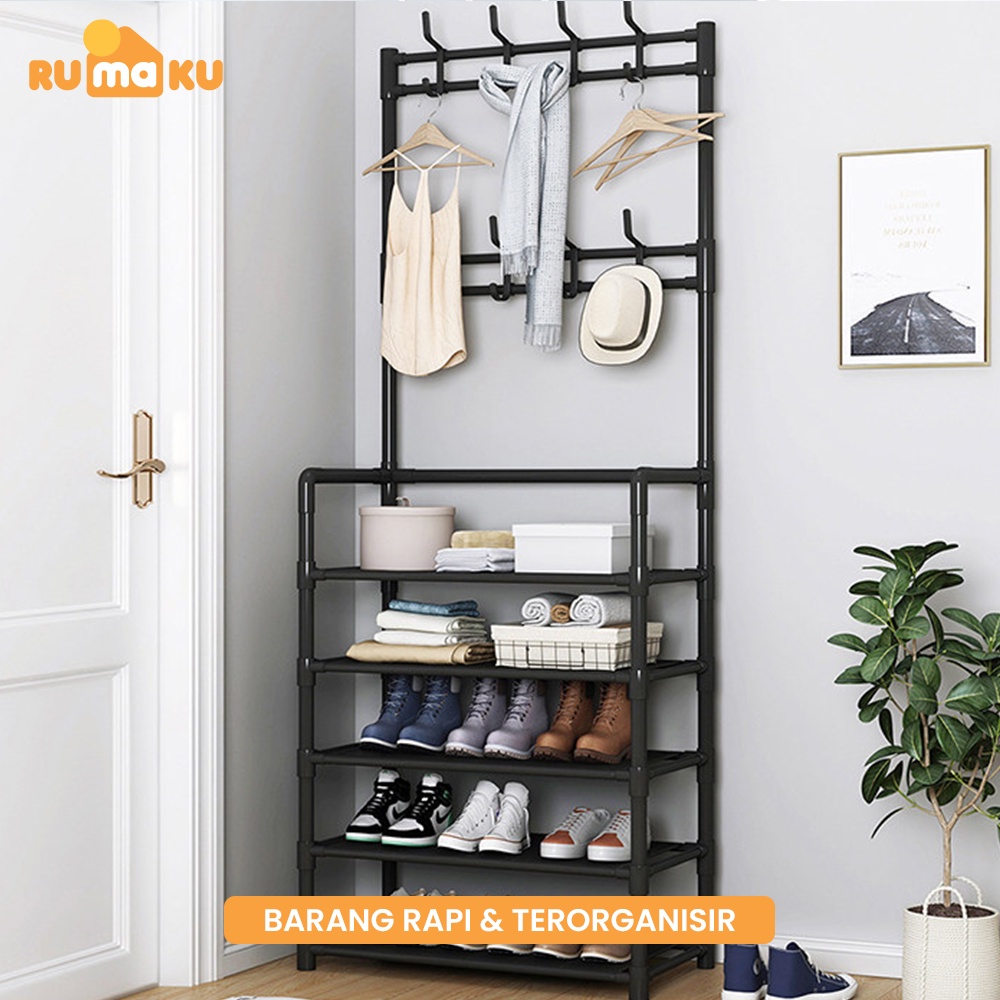 Rumaku Rak Sepatu Serbaguna Multifungsi Stand Hanger Gantungan Baju Topi Minimalis