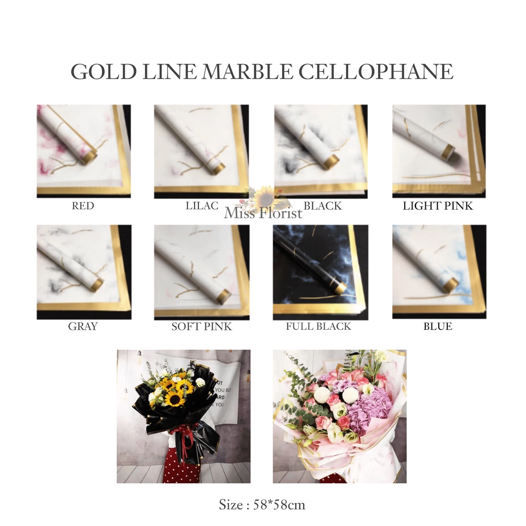 

[5 PCS] 025.FLOWER WRAPPING GOLD LINE MARBLE CELLOPHANE WATERPROOF KERTAS BUKET BUNGA (ECER)/ FLOWER WRAP