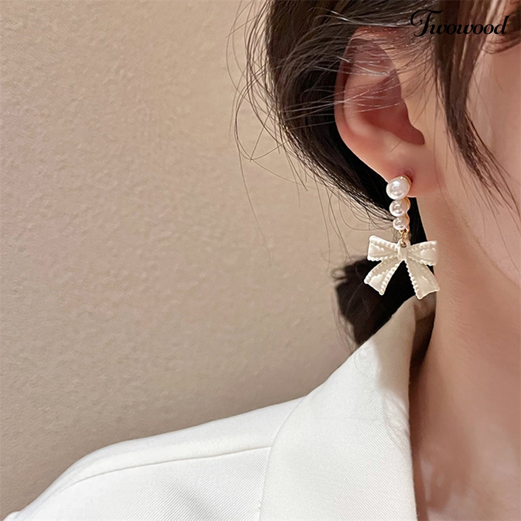 1 Pasang Anting Stud Desain Pita Aksen Mutiara Tiruan Gaya Korea Untuk Pesta