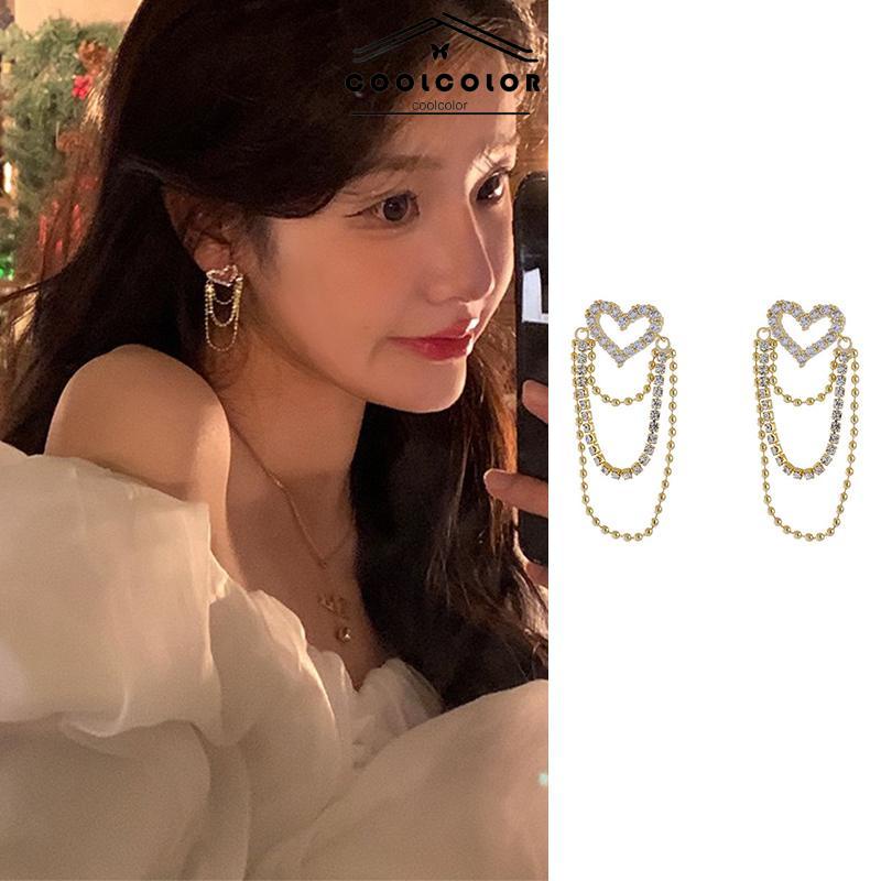 COD❤️Anting rumbai Korea Rhinestone Berbentuk Hati Earrings Anting Tindik Perhiasan Wanita Fashion Murah Hadiah Perhiasan- cl