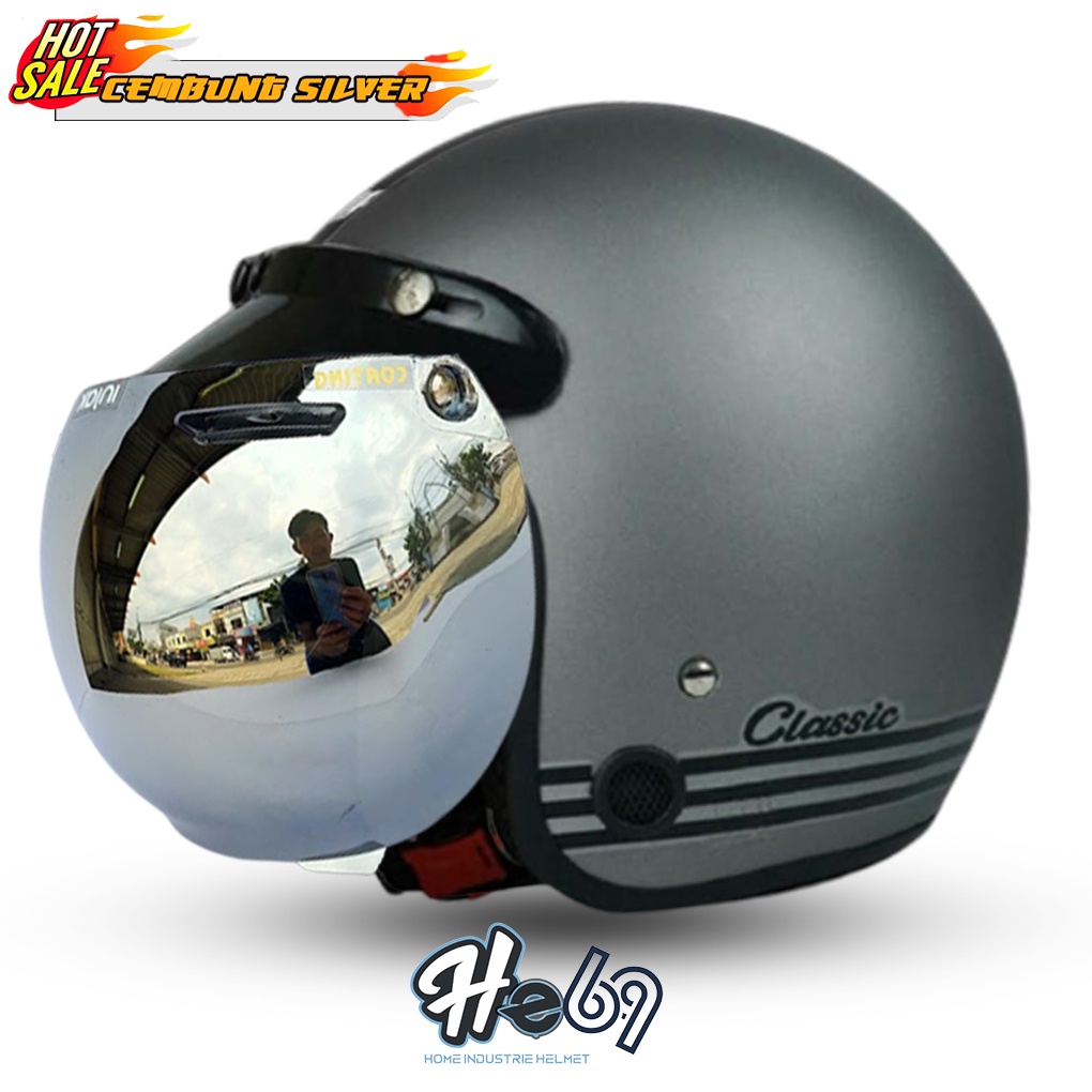 Helm Bogo Classic SNI Kaca Cembung Silver/Pelangi COD