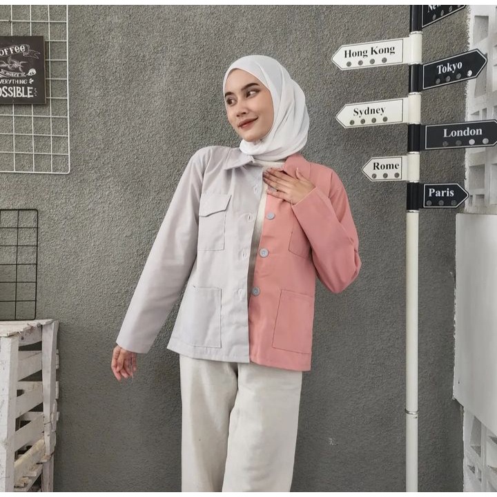 DUSTY MISTY Jacket Outer Kemeja Pocket Wanita Oversize Atasan Kekinian Mix Warna Kasual Style Kekinian