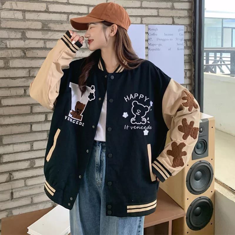 V Happy Baseball Jacket Wanita Oversize | Sweater Jaket Varsity Wanita Kekinian Lucu