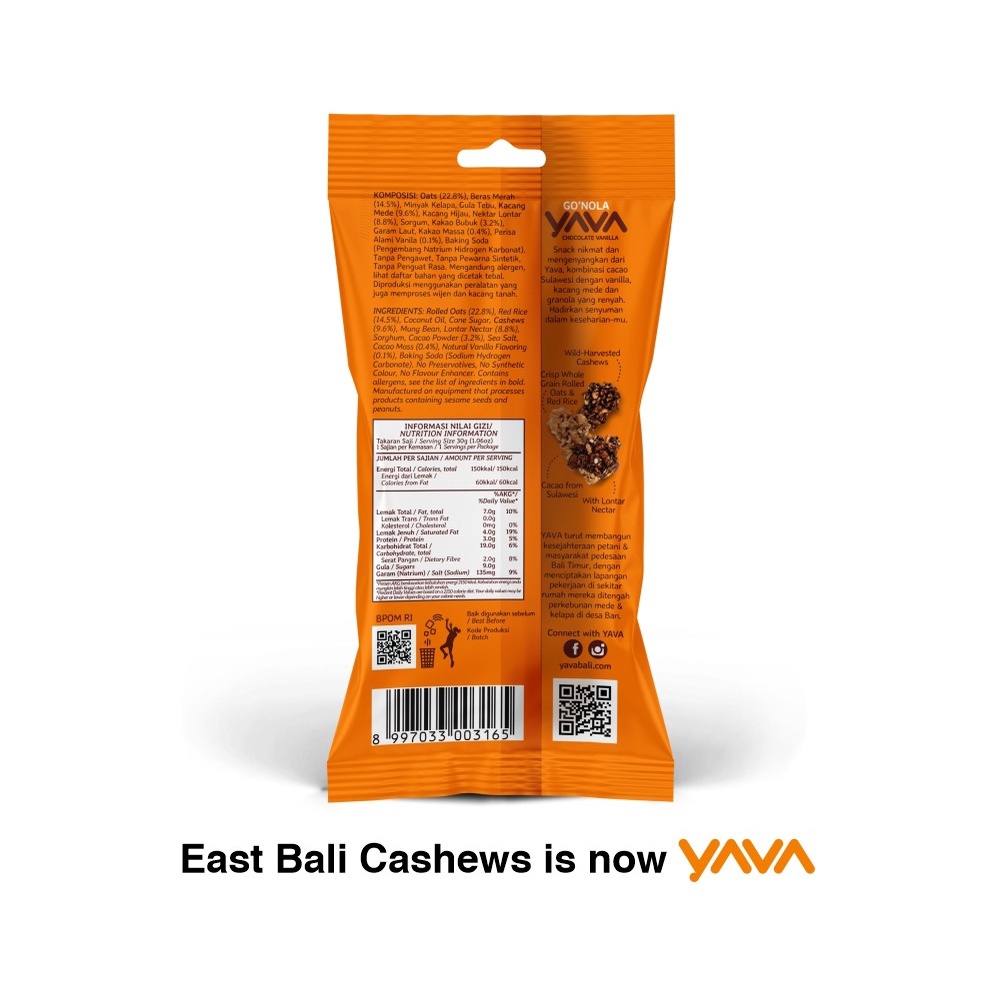 YAVA Granola Go'Nola Chocolate Vanilla 30g - East Bali Cashews - Granola Bites - Snack Sehat - Go Nola Single Serving - Gonola