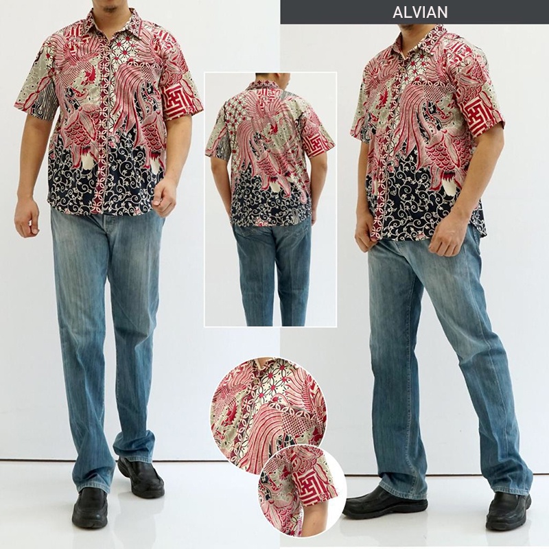 Alvian Kemeja Batik Pria Lengan Pendek Cheongsam Changsan Merah Pink Natal Imlek CNY Hem Batik Cowok