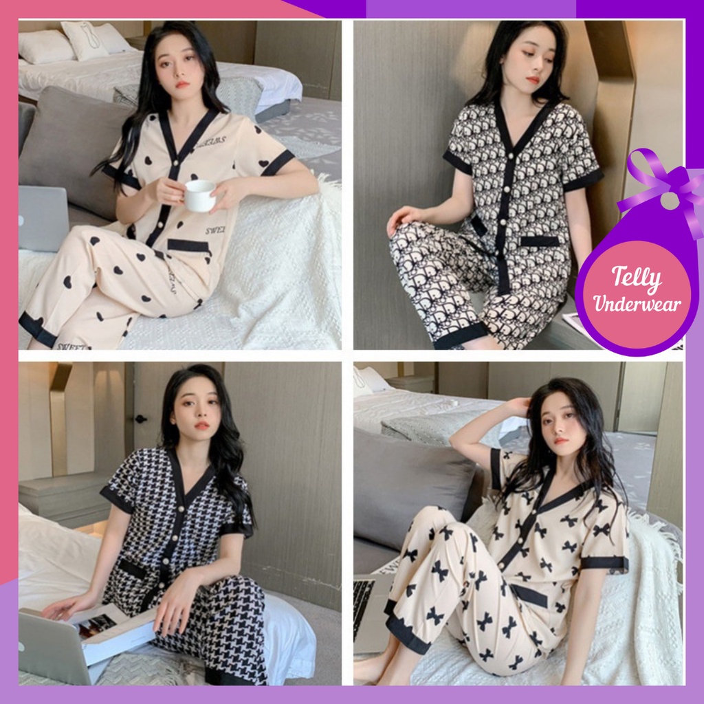 TELLY ➡️ 341set baju tidur Baru musim panas es sutra piyama wanita atasan lengan pendek + celana setelan homewear