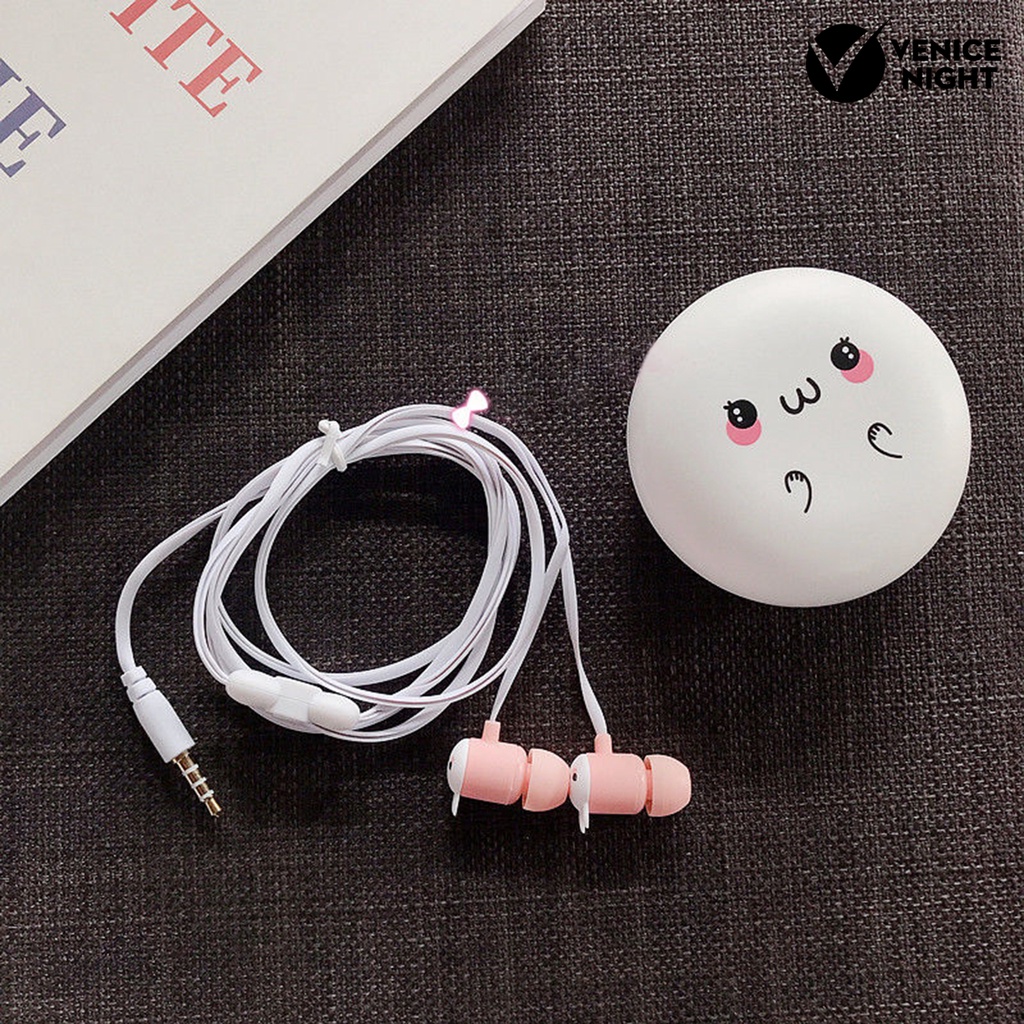 (VNEP) (Berkabel) Earphone In-ear 3D Stereo Surround Earbud Musik Kartun Lucu dengan Kotak Penyimpanan untuk Siswa