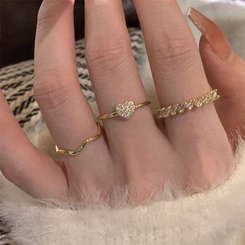 Set Cincin Model Terbuka Bentuk Hati Geometris Gaya Jepang Korea