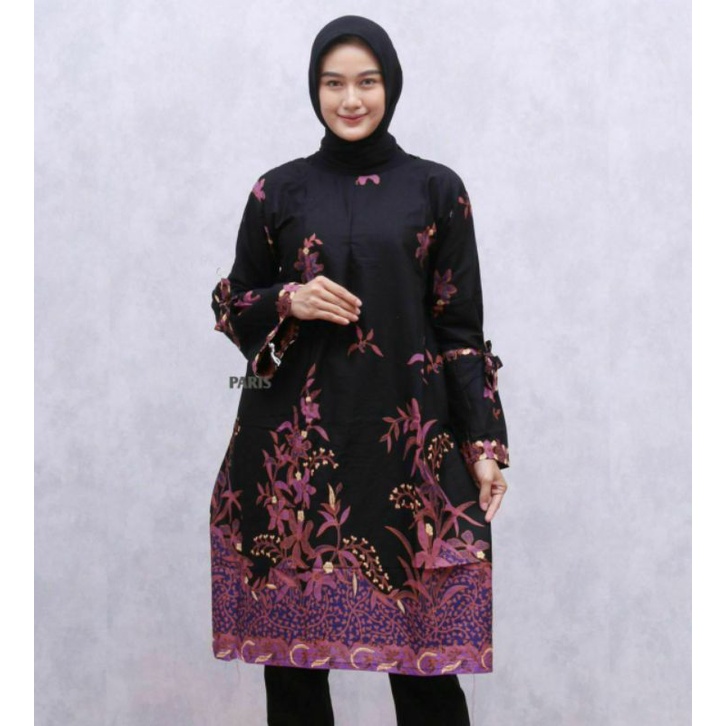 MINI DRESS BATIK SELENA TUNIK PREMIUM PRIMISIMA UNGGUL JAYA WARNA HITAM MOTIF POHON BAMBU KERJA KANT