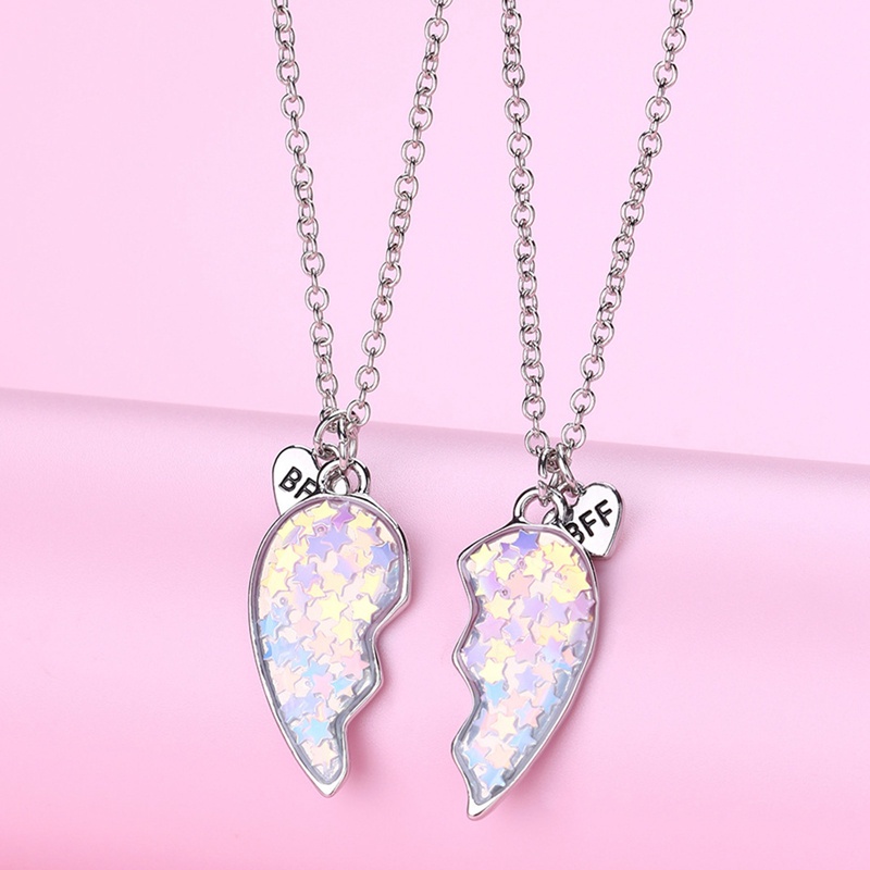 Fancyqube 2pcs / Set Kalung Rantai Liontin Bentuk Hati Dan Bintang Aksen Payet Untuk Teman