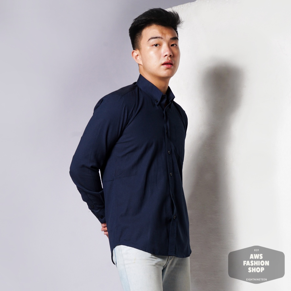 819 Kemeja Pria Lengan Panjang Polos Biru Navy Blue Oxford Basic SIMPLE Slimfit Casual Tersedia Ready Sampai Size JUMBO BIG SIZE XXL XXXL