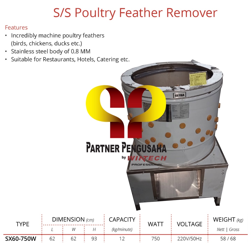 GETRA SX60-750W Mesin Pencabut Bulu Unggas Ayam Bebek Fowl Depilator Poultry Feather Remover