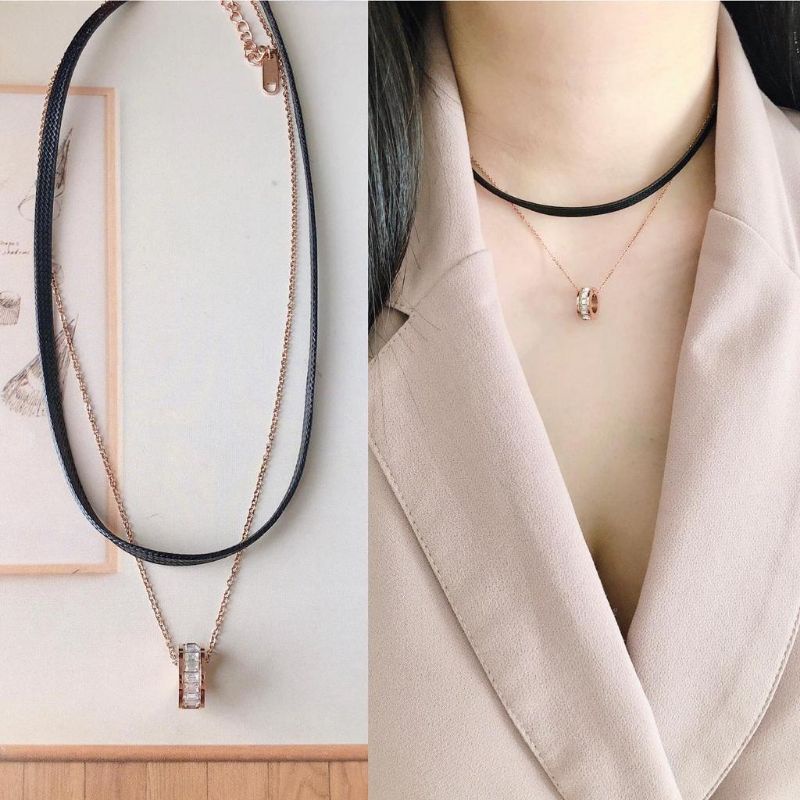 Kalung Choker 2Layer Liontin Ring Mata Tanam Titanium KLS58