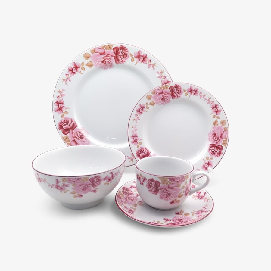 Piring Set Keramik isi 20 pcs | Dinner Set Motif Pink Rossi | Tea Set | Mangkok Set | Simple Set Pla