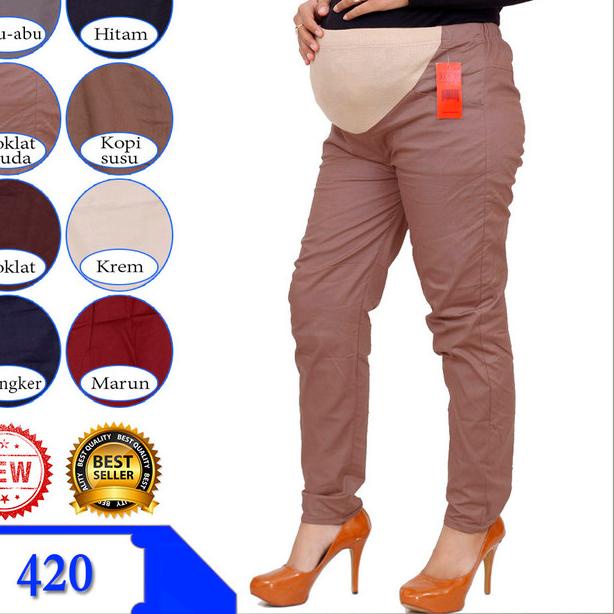Celana kerja ibu hamil bahan katun twill strech - Cokelat
