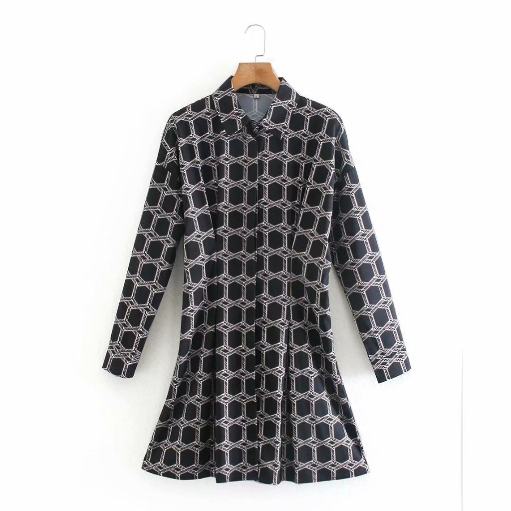 Midi Dress Wanita Motif Kotak Lengan Panjang Casual Korean Style Dress Black Geometry