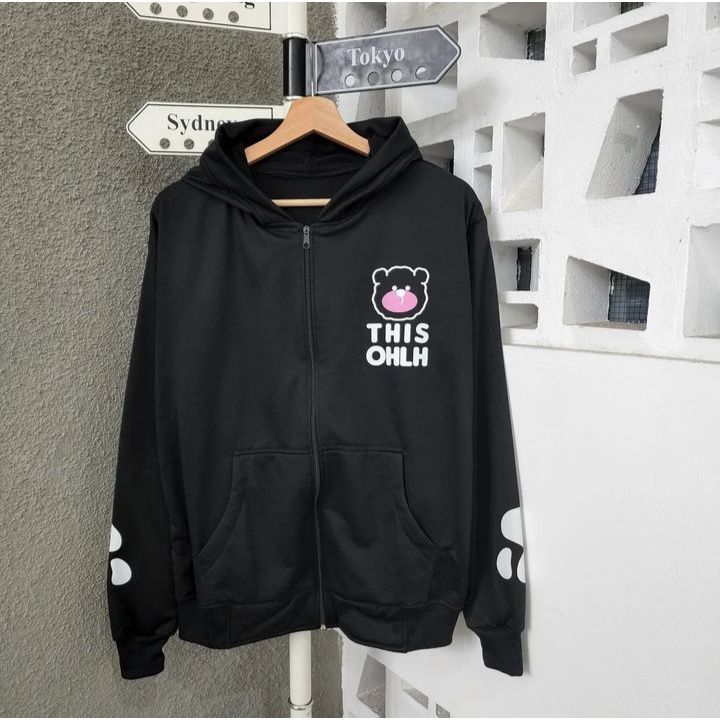 Jacket Zipper THIS OHLH Hoodie Oversize Wanita Motif Lucu Fashion Terkini Kasual OOTD Korean Fashion Girly