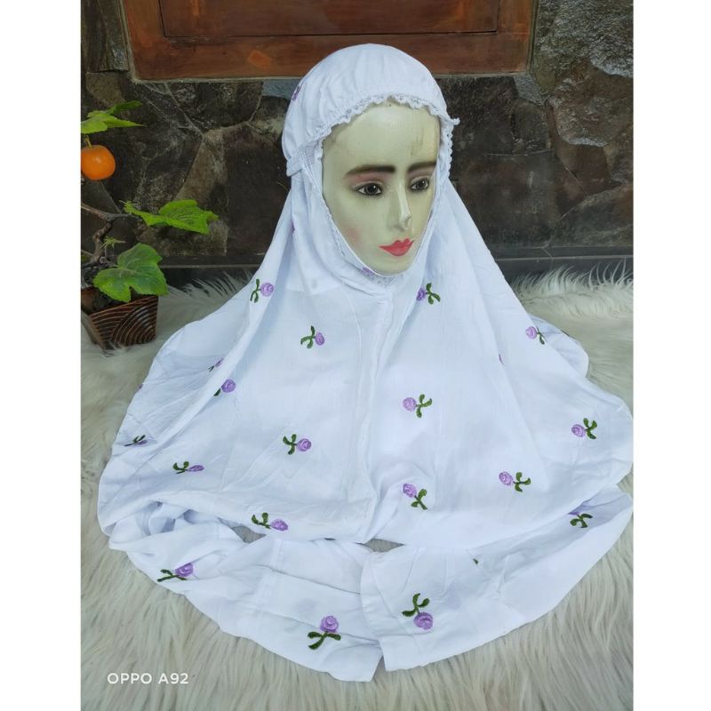 (Rayon premium) mukena putih terusan bordir tabur seribu bunga/ mukenah terompah bordir bunga