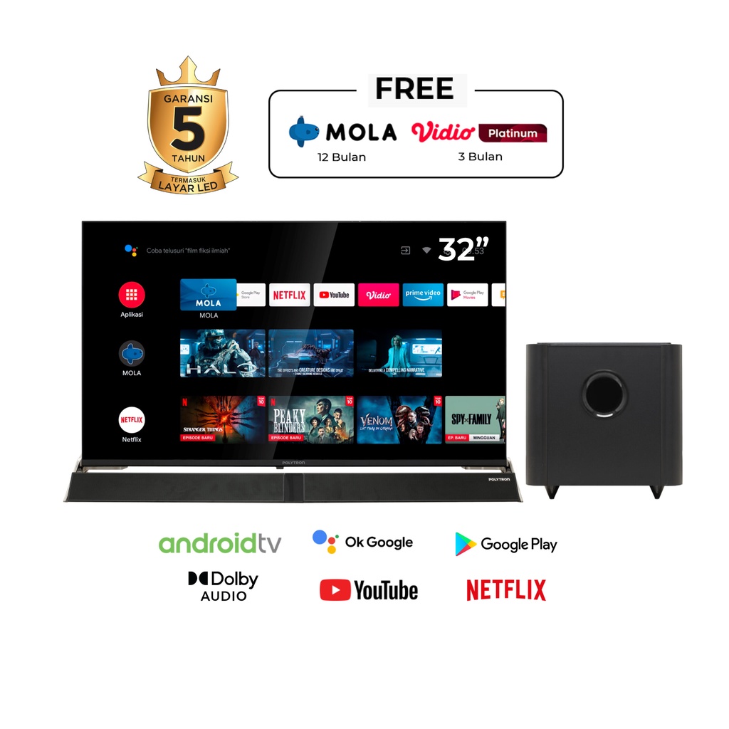 LED SMART ANDROID TV POLYTRON 32" PLD 32BAG5959 (SOUNDBAR)