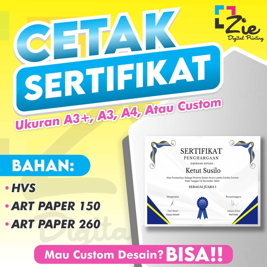 

Print/Cetak Sertifikat A3+, A4 | HVS, Art Paper (150 - 260) | 1 Sisi