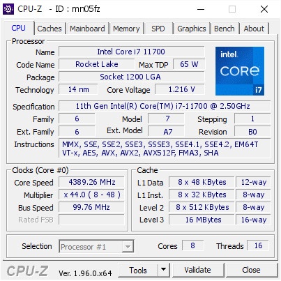 Processor Intel Core i7 11700 tray Socket 1200 Rocket Lake