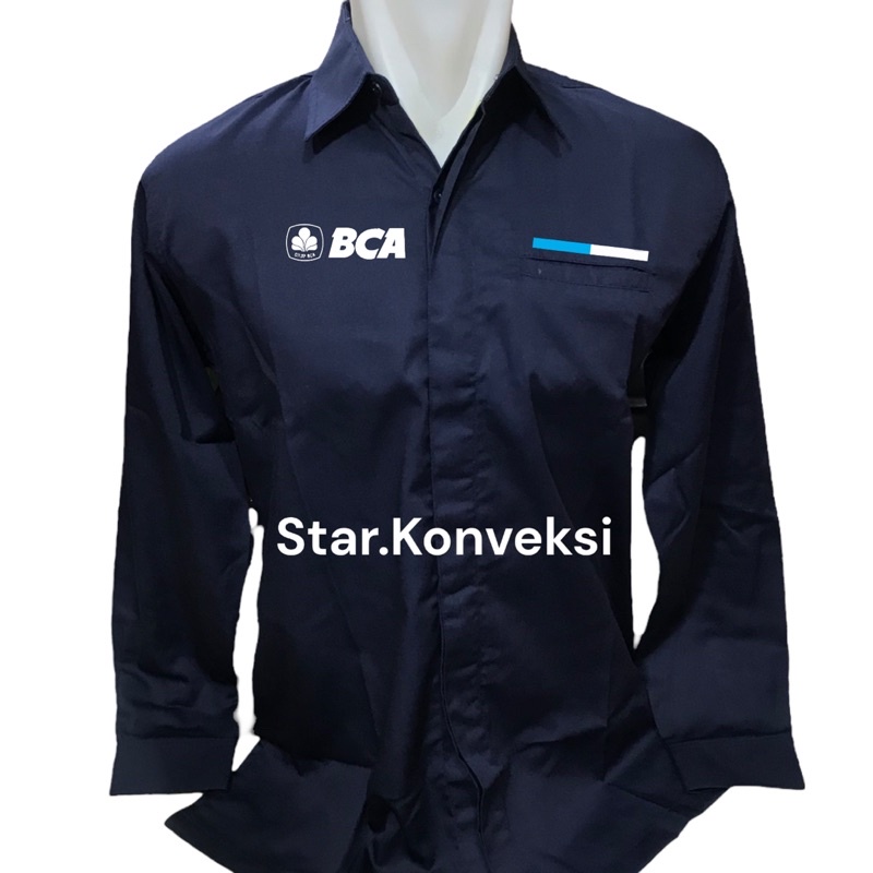 Seragam Dinas Kerja Kemeja PDH Baju Bank BCA Warna Navy Biru Dongker Putih Lengan Panjang Lengan Pen