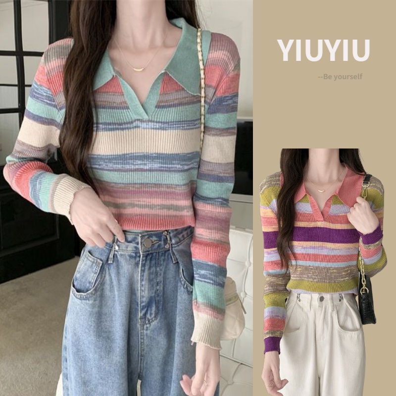 YIU YIU Rajut - Baju Rajut Wanita Kaos Lengan Panjang Stripe Sweater Terbaru Korean Style