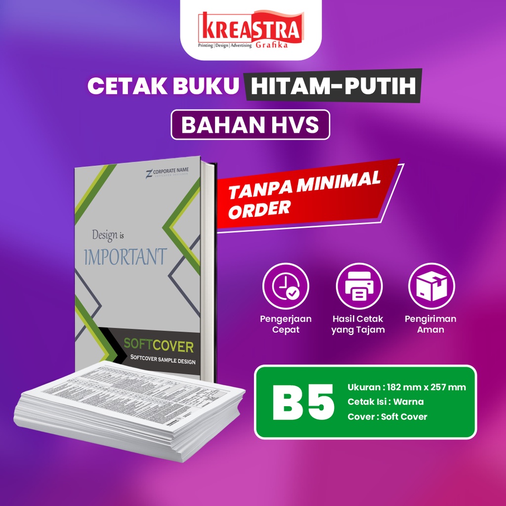 

Cetak Percetakan Buku Ukuran B5 Isi Hitam Putih Bahan HVS Sampul Soft Cover