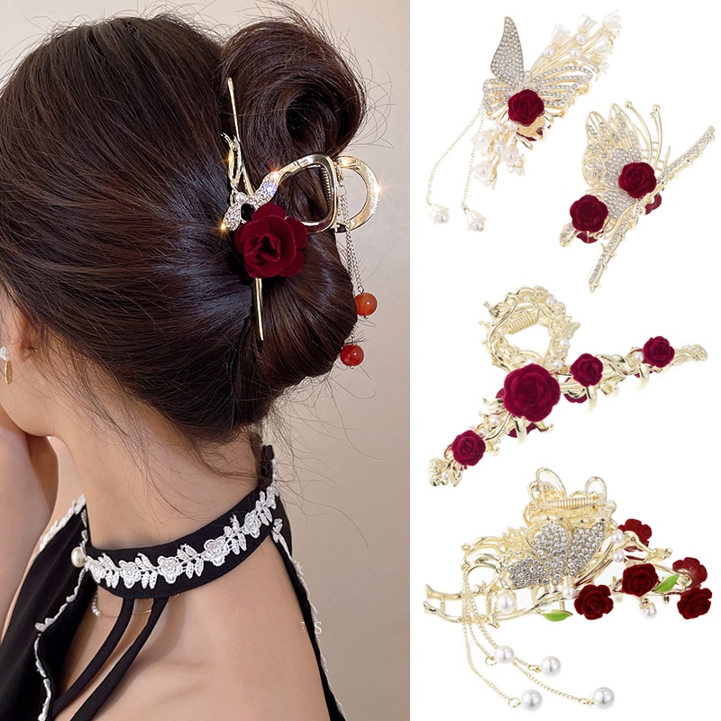 Jepit Rambut Bentuk Bunga Mawar Aksen Mutiara Dan Berlian Imitasi Bahan Alloy Gaya Korea Untuk Wanita
