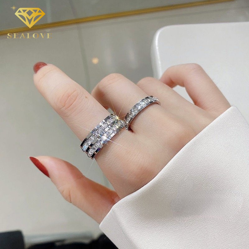 Cincin titanium perak bertatahkan berlian aksesori perhiasan Korea cicin wanita