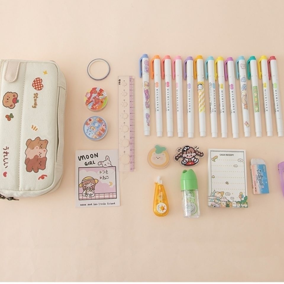 ☌■Sera Korea Kanvas Pensil Sederhana Kapasitas Besar Jepang Tas Alat Tulis Double-Layer Multi Fungsi Portabel Kotak Pensil untuk Pria dan Wanita