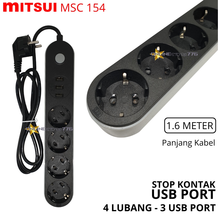 STOP KONTAK MITSUI 4 LUBANG + 3 USB PORT / MITSUI MSC 154 SNI