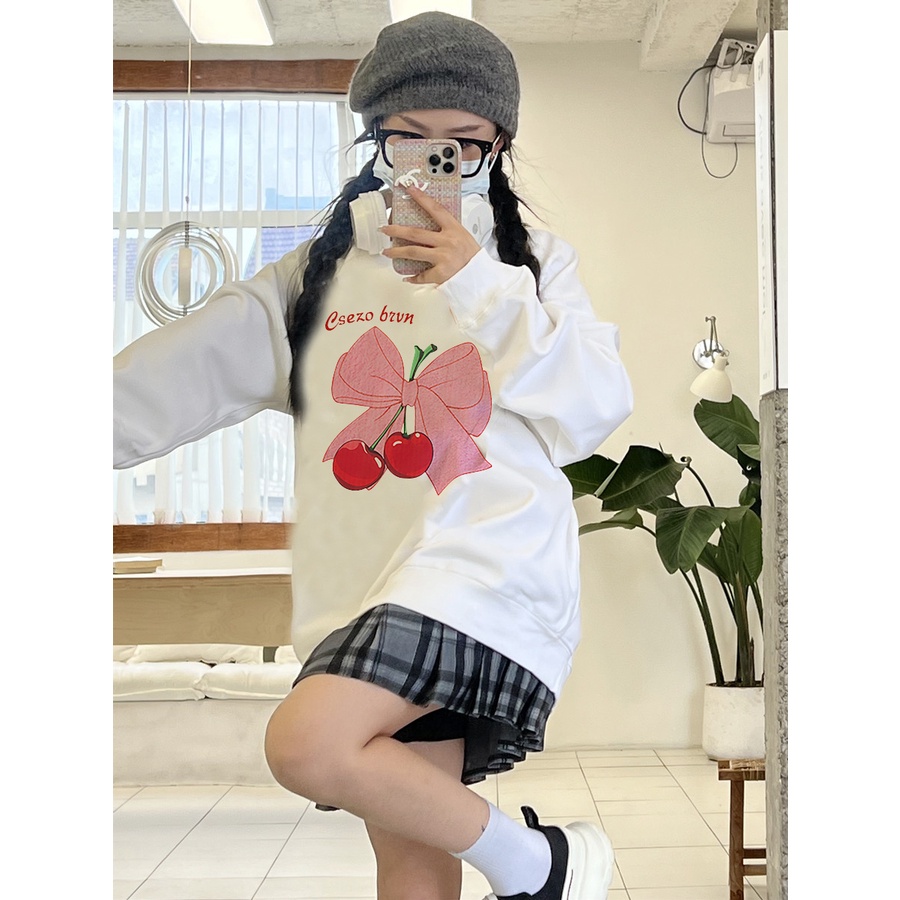 EUNII Sweater Lengan Panjang Cherry Bow Korean Style/Hoodie Oversize/Baju Wanita/Switer Wanita