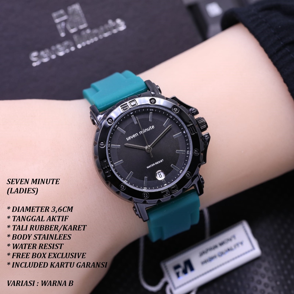 (FREE BOX) JAM TANGAN WANITA SEVEN MINUTE LS-0008 TALI RUBBER BODY STAINLEES TANGGAL AKTIF