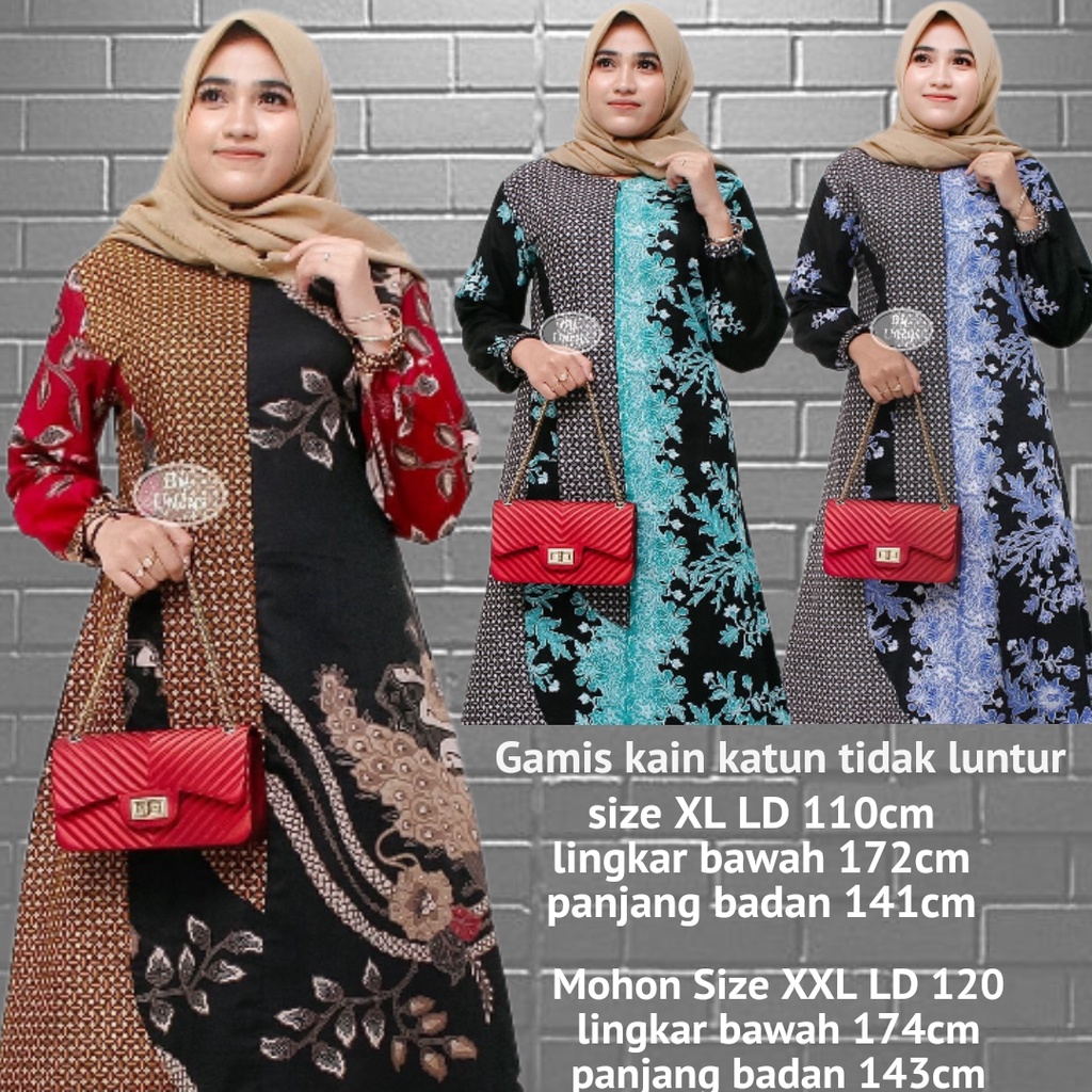 Gamis kombinasi batik  Katun Terbaru size jumbo model terbaru Shalimar Gamis jumbo XL XXL ld 110 LD1