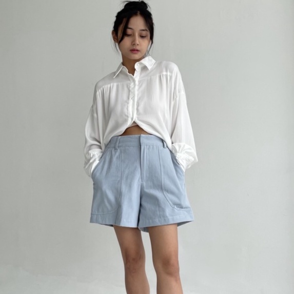 Peach Poppy KARINA Contrast Stitch Short Premium Pants - Celana Pendek Denim Look Alike