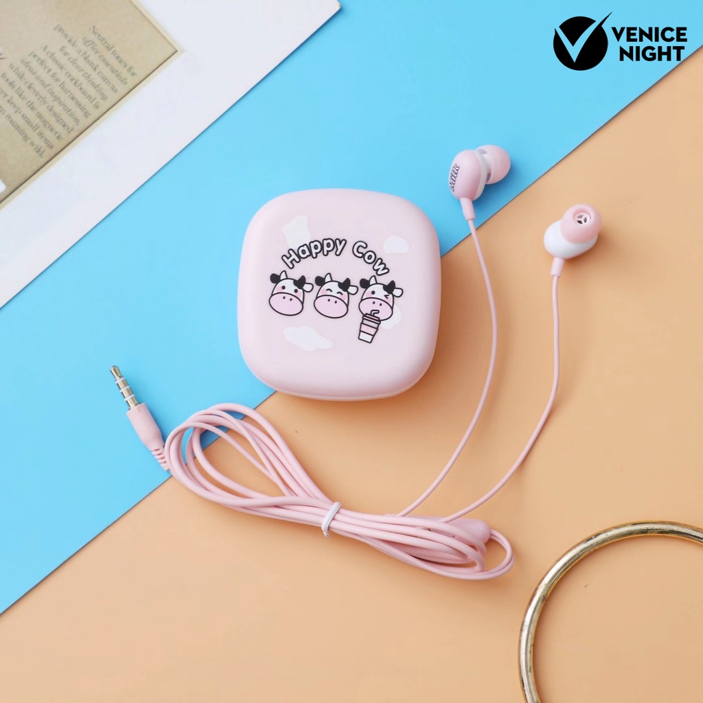 (VNEP) (Berkabel) Earphone Pengurang Kebisingan Universal Lucu 3.5mm Pola Kartun Sapi In-ear Earphone dengan Kotak Penyimpanan untuk Gadis